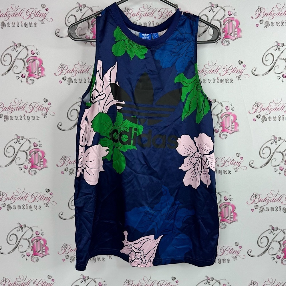 Adidas Women's Floral Tank Top - Navy and Green